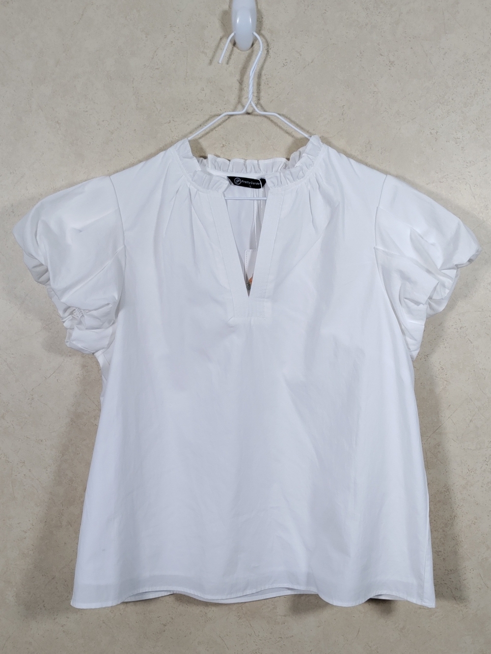 Ruffled V-Neck Puff Sleeve Blouse in White